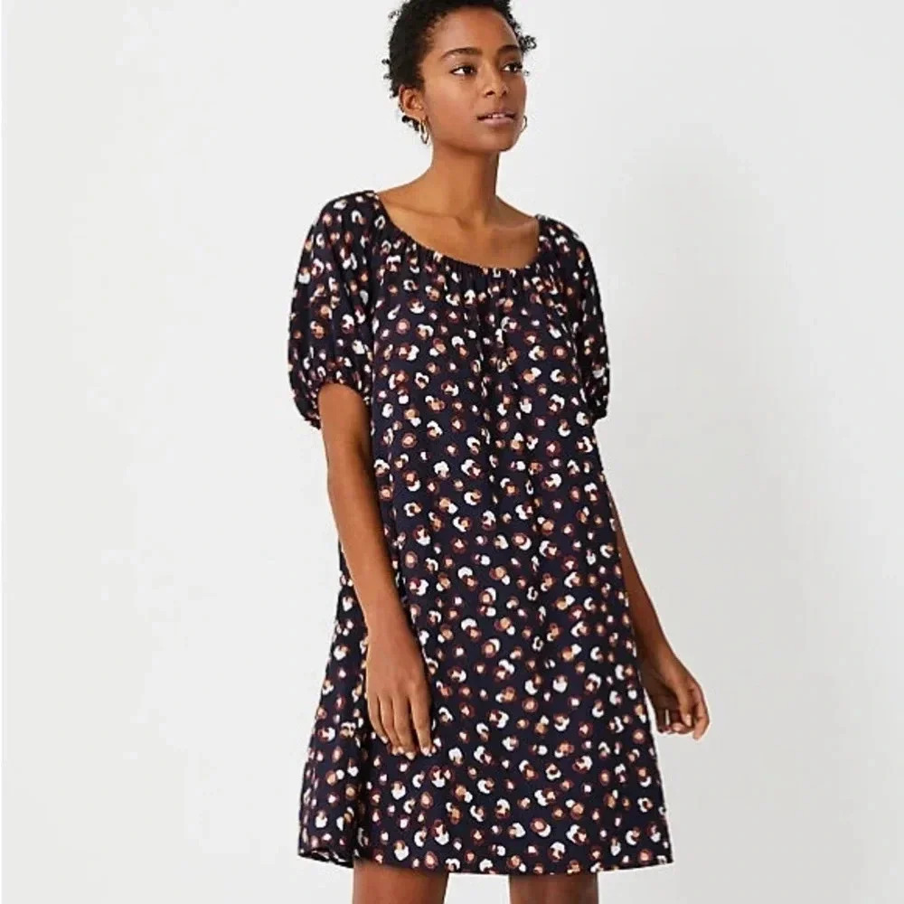 Ann Taylor Chic Leopard Animal Print Puff Sleeve Shift Dress Size Medium NWT